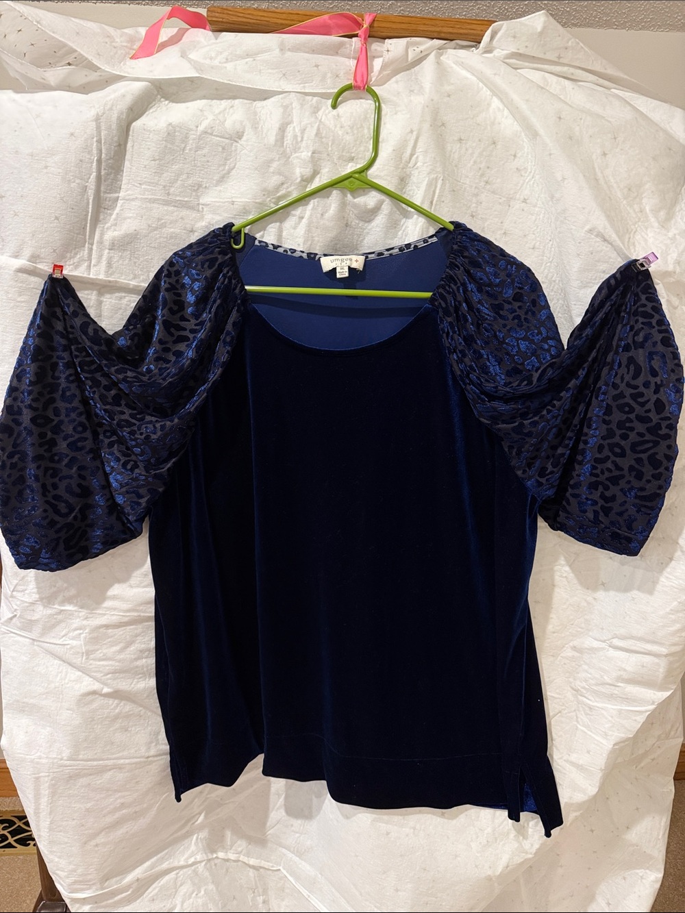NWOT Umgee +
1XL Blue Velvet Top (navy) with animal print “balloon” sleeves.